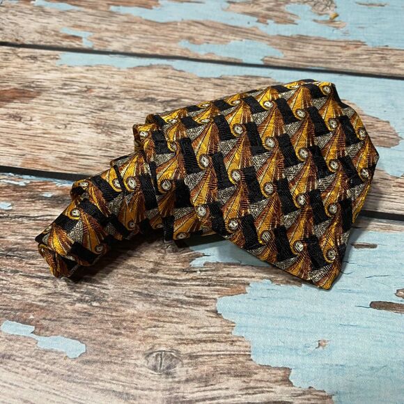 Ermenegildo Zegna 100% Silk Neck Tie Gold Copper Black Print Made In Italy - Picture 1 of 10
